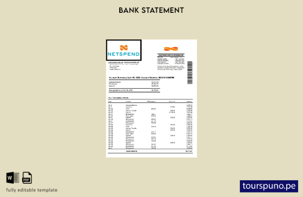 listo para imprimir plantilla de Word   extracto bancario de Netspend de EE. UU.